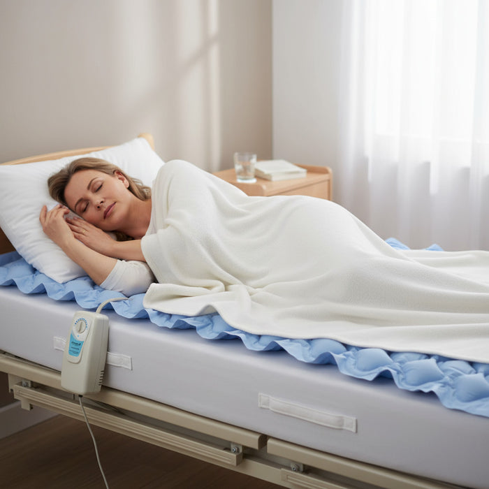 Woman resting on a hospital bed with the Protekt Aire 1500 adjustable alternating pressure mattress overlay and adjustment knob, designed for pressure ulcer prevention and patient comfort