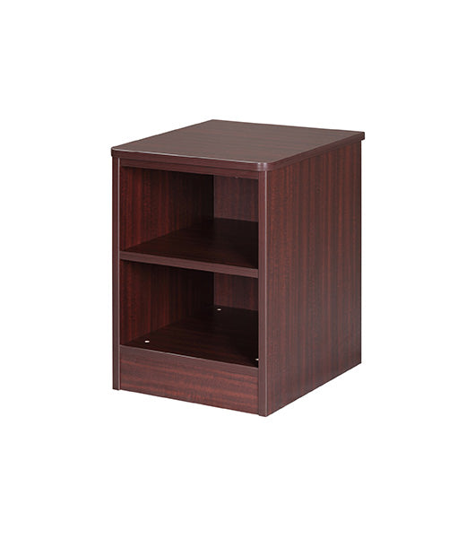 Nightstand for behavioral health furniture with 1 shelf in Mahogany finish, angled view against a plain white background