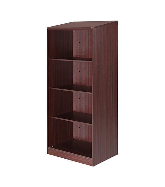 Wardrobe for behavioral health furniture with 3 shelves in Mahogany finish, angled view against a plain white background