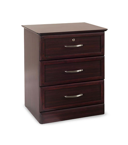 Hamilton Bedside Cabinet three-drawer angled view in mahogany finish with locking top drawer and brushed metal handles