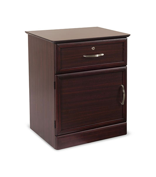 Nightstand Hamilton 1 Drawer & Door with Shelf in Mahogany finish with brushed metal handles, angled view facing right