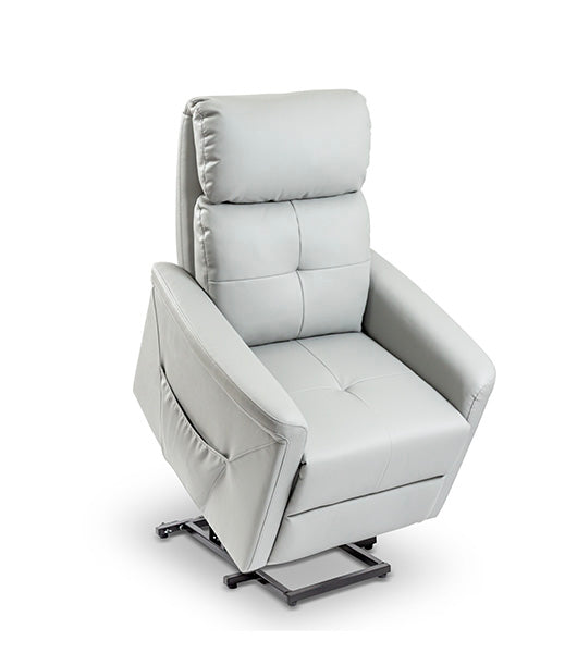 Power lift recliner in lift position, raised to assist user mobility, displaying gray color variant
