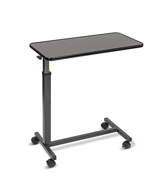 Overbed table with Mahogany top and black steel H-base, angled view against a plain white background
