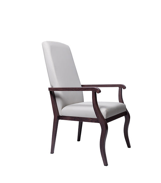 Resident arm chair for assisted living furniture - side angle showcasing light gray upholstery and wooden armrests