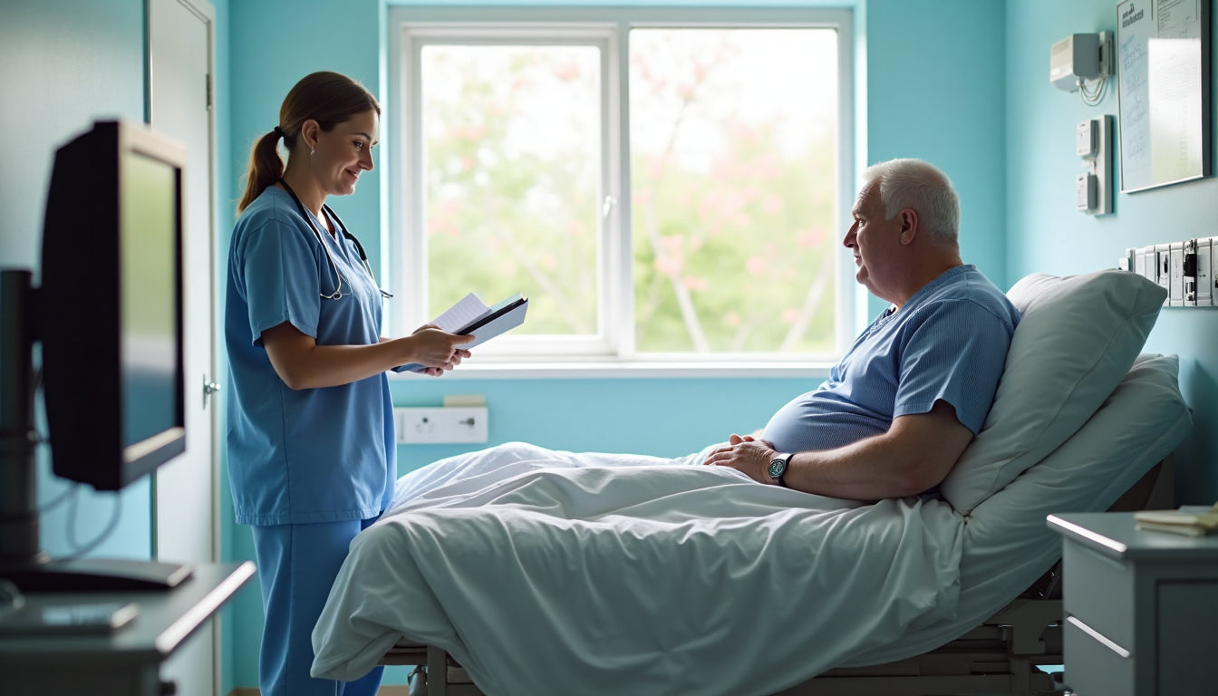 Nurse assisting bariatric patient in modern hospital bed