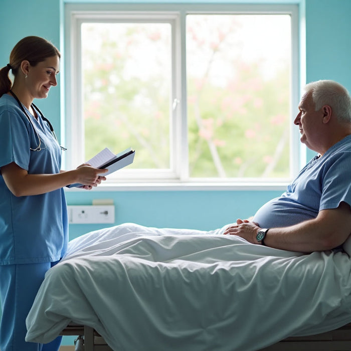 Nurse assisting bariatric patient in modern hospital bed