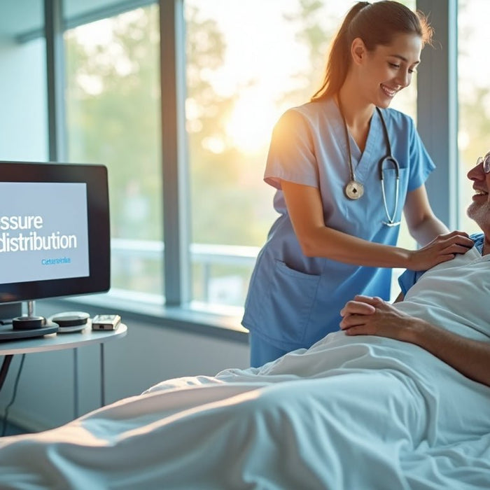 Nurse adjusting alternating pressure mattress for smiling hospital patient