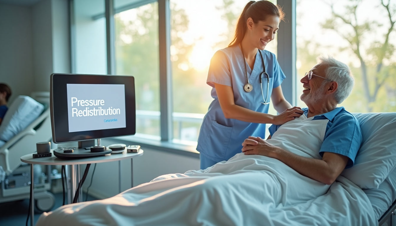 Nurse adjusting alternating pressure mattress for smiling hospital patient