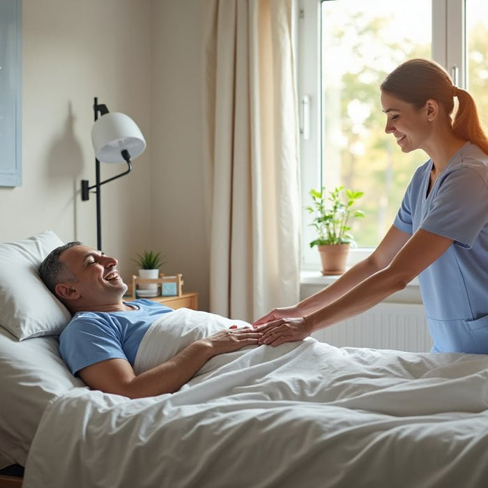 Sunlit home hospital room with patient, caregiver, and mattress
