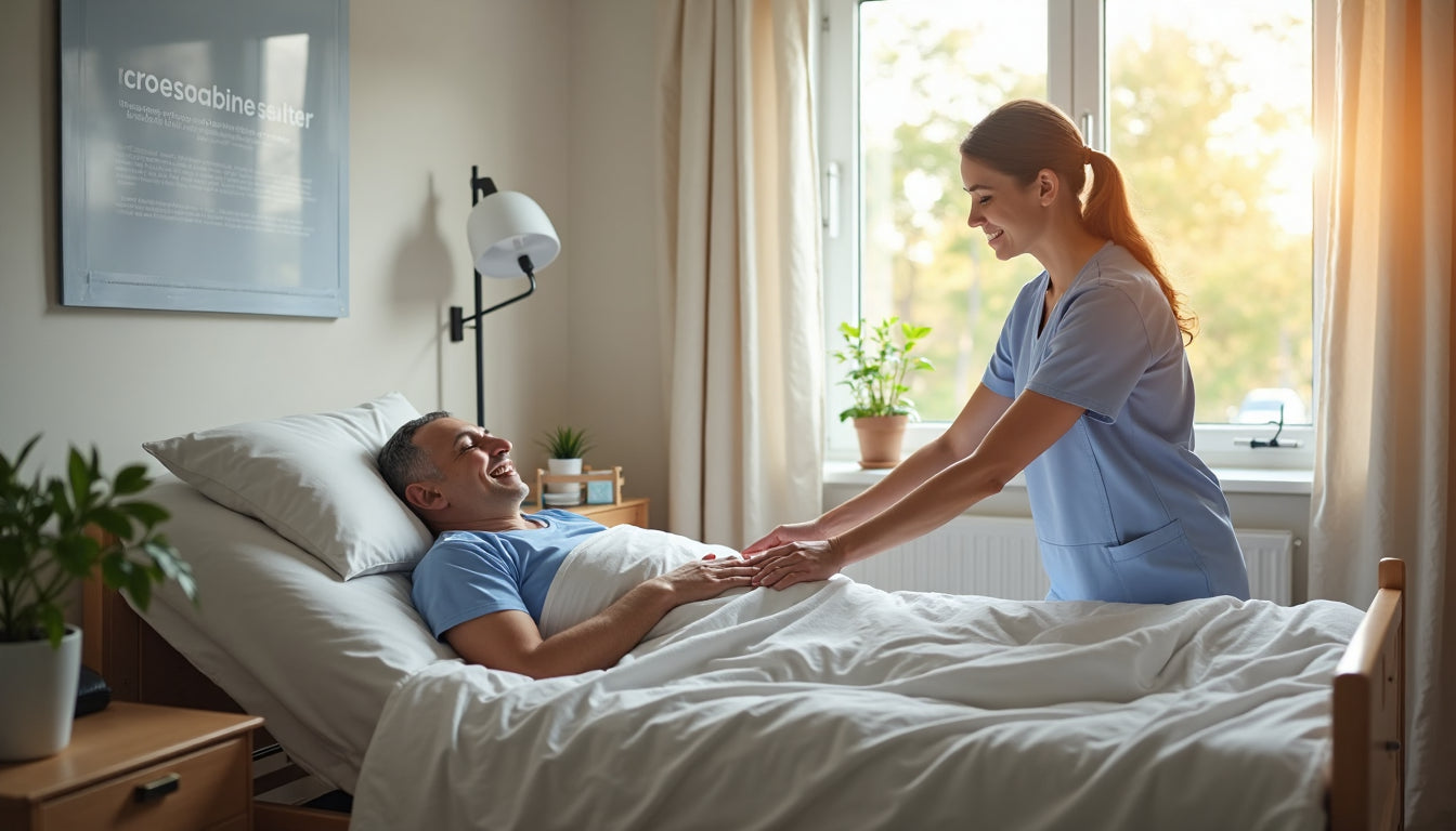 Sunlit home hospital room with patient, caregiver, and mattress