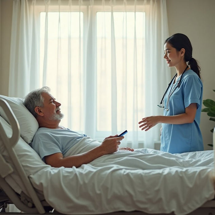 Patient adjusting semi electric hospital bed in sunlit homelike setting