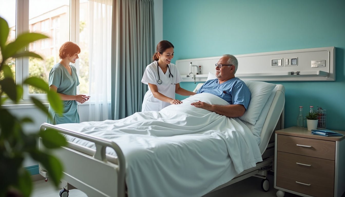 Bariatric patient on reinforced medical bed with nurse and family, 'Essential Support' poster