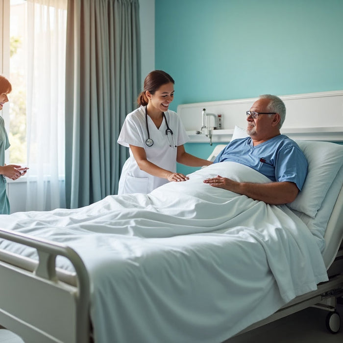 Bariatric patient on reinforced medical bed with nurse and family, 'Essential Support' poster