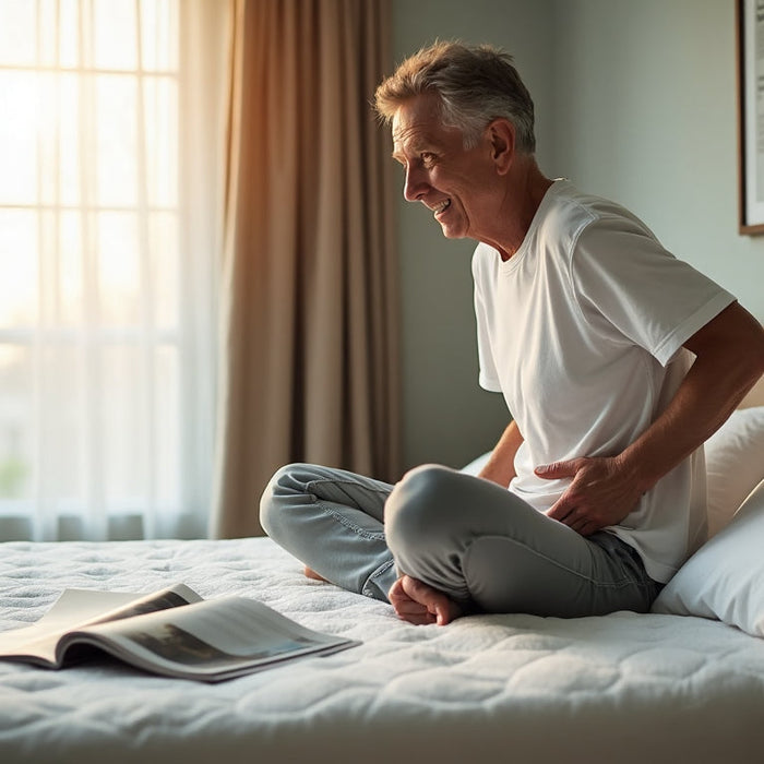 Person finds relief on modern mattress in sunlit bedroom