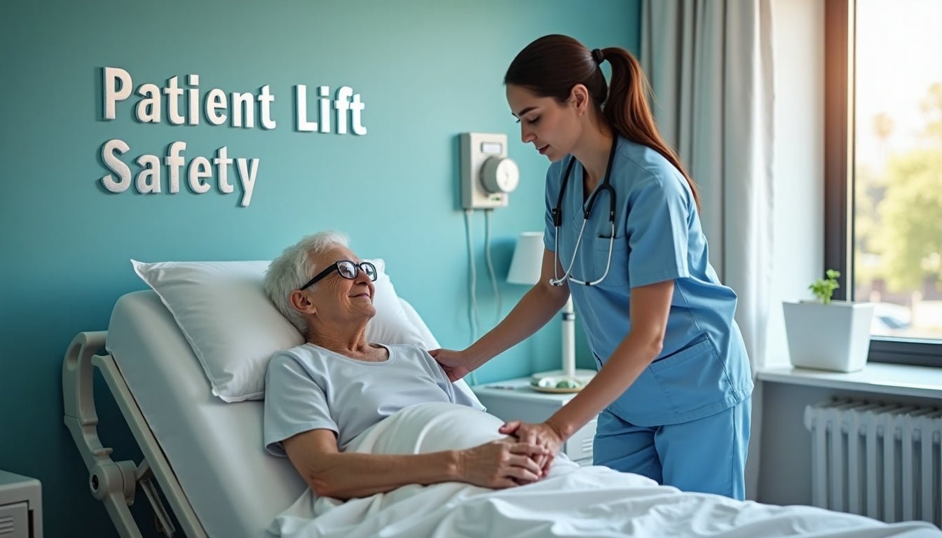 Caregiver using patient lift with elderly patient in hospital room
