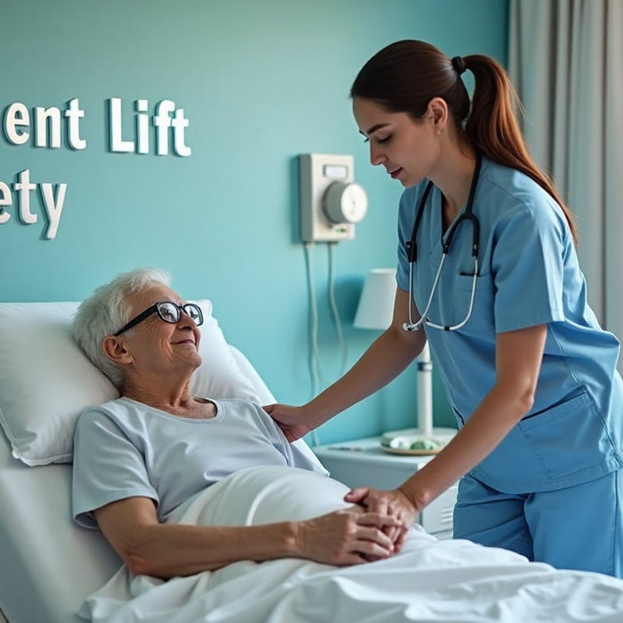 Caregiver using patient lift with elderly patient in hospital room