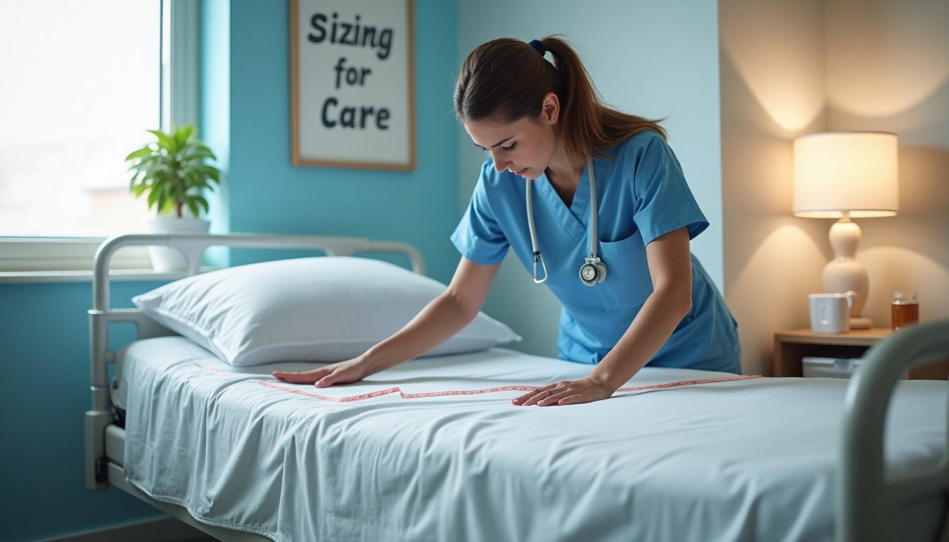 Nurse measures hospital bed mattress highlighting correct sizing for care
