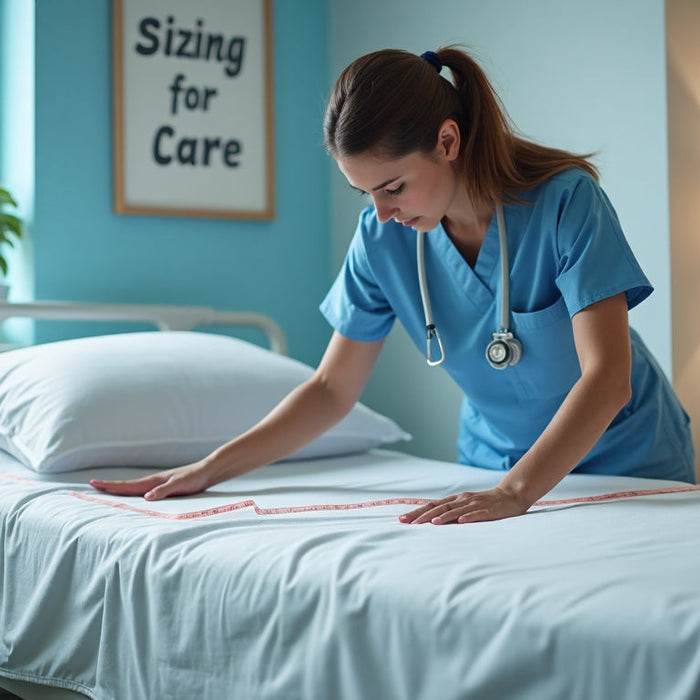 Nurse measures hospital bed mattress highlighting correct sizing for care
