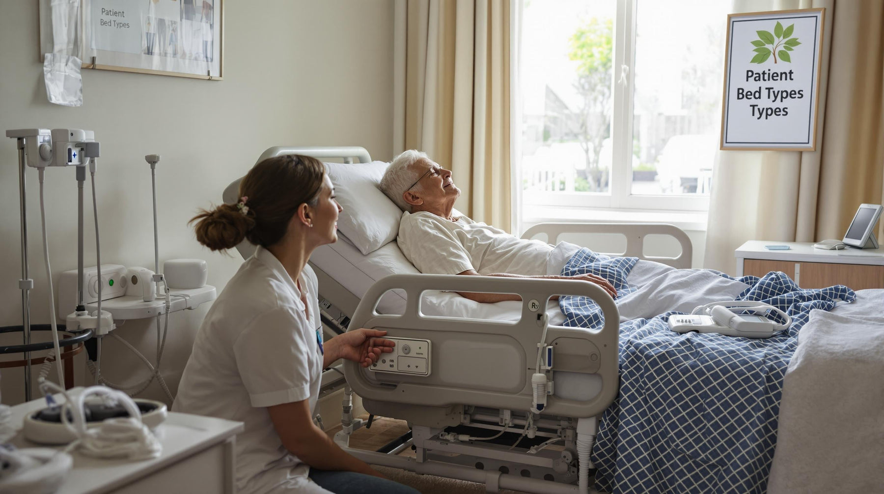 Caregiver and patient with adjustable bed in home setting
