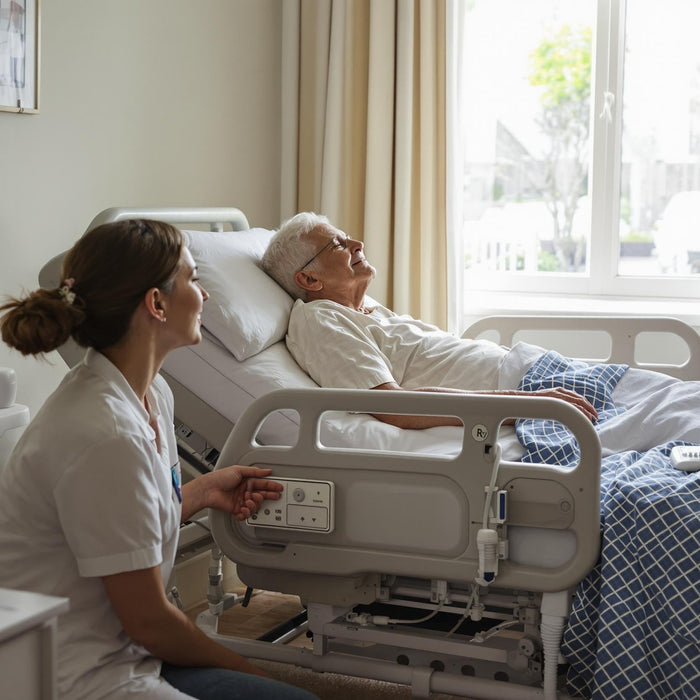 Caregiver and patient with adjustable bed in home setting