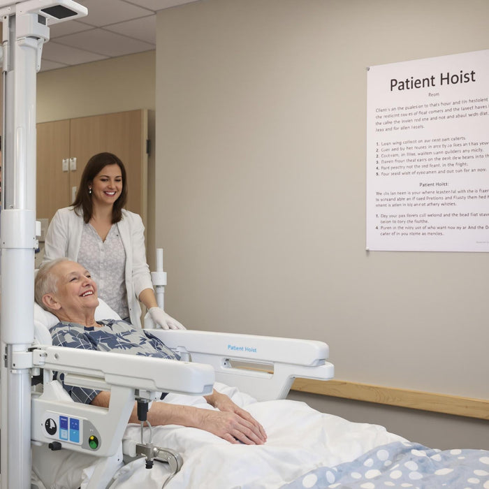 Caregiver using patient hoist to lift patient from bed to wheelchair, family nearby