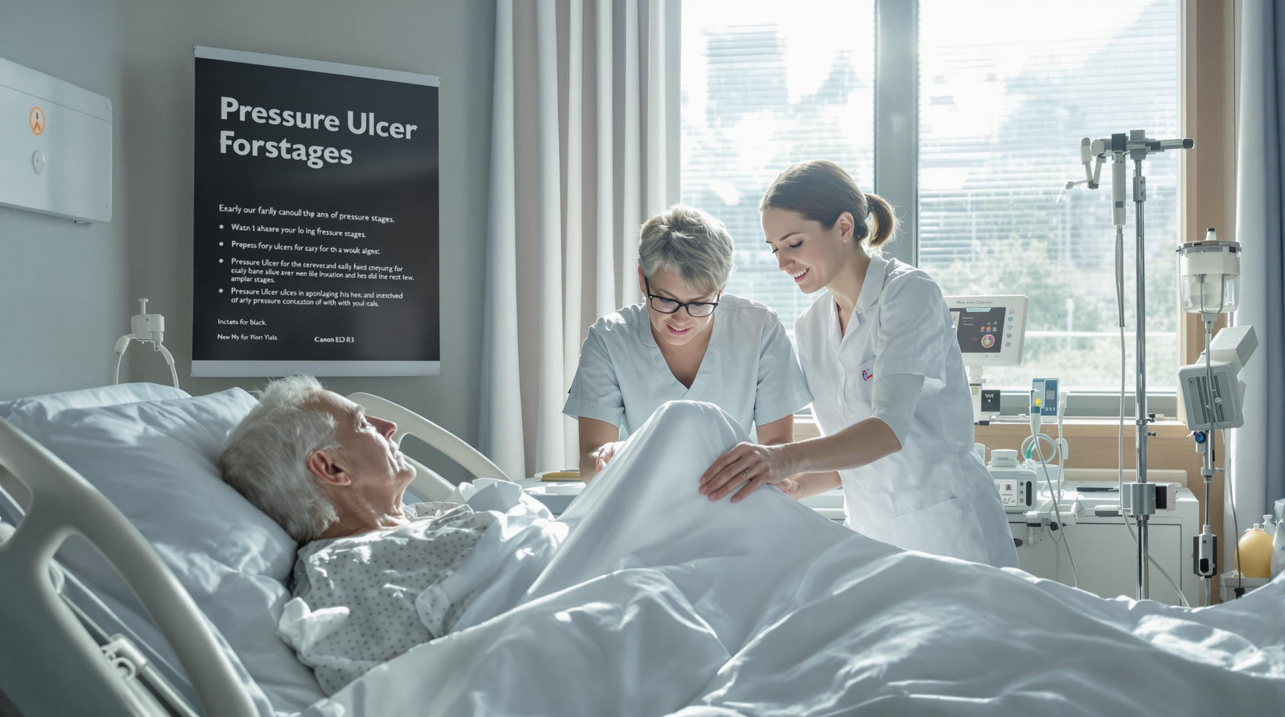 Nurse inspects elderly patient's heel for pressure ulcers; hospital scene with educational poster
