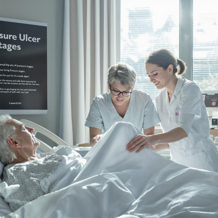 Nurse inspects elderly patient's heel for pressure ulcers; hospital scene with educational poster