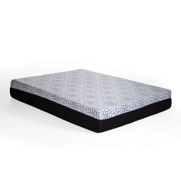 A wide three-quarter perspective of the mattress against a white background, highlighting the uniform tiled pattern across the entire sleeping surface.