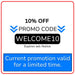 Promotional graphic showing a 10 percent discount with promo code WELCOME10, noting that the offer expires without notice and is valid for a limited time