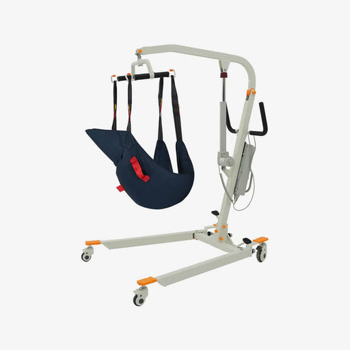The AY02 Electric Transfer Hoyer Lift For Home Use features a metal frame, wheels, and a navy blue fabric sling, providing safe and efficient home transfers for individuals with limited mobility.