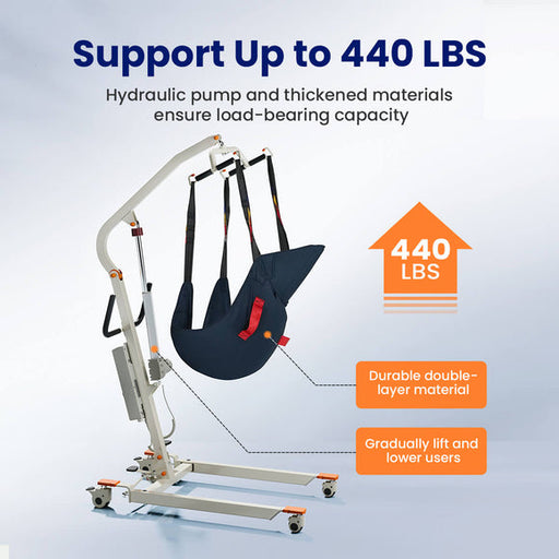 The AY02 Electric Transfer Hoyer Lift for Home Use supports up to 440 lbs, features a durable double-layer sling and hydraulic pump for smooth, gradual lifting—ideal for safe and easy patient transfers at home.