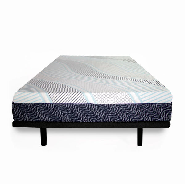 A straight-on, foot-of-the-bed view of the DreamTemp mattress resting on a sleek black platform frame.