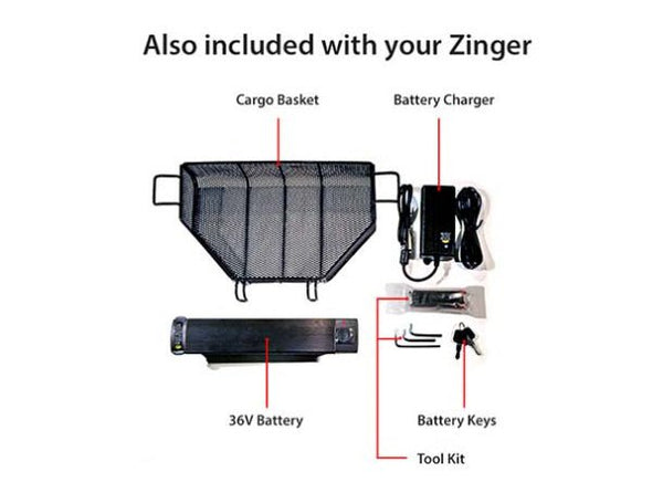 An overhead shot of the accessories included with the Zinger: a mesh cargo basket, 36V battery, battery charger, battery keys, and a tool kit.