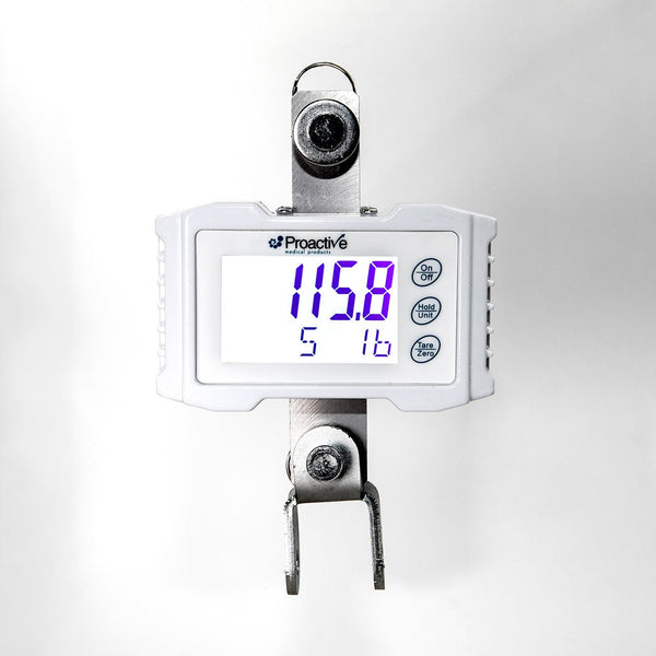The Protekt 500 Patient Lift (Model 33500) is an electric transfer system with a white digital hanging scale displaying 115.8, three right-side buttons, and metal hooks at the top and bottom for secure patient handling.