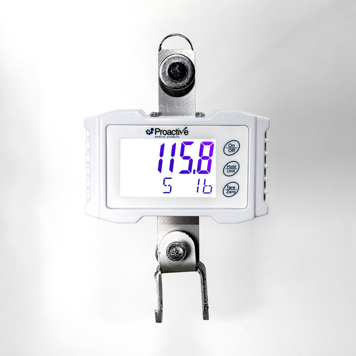 The Protekt 500 Patient Lift (Model 33500) is an electric transfer system with a white digital hanging scale displaying 115.8, three right-side buttons, and metal hooks at the top and bottom for secure patient handling.