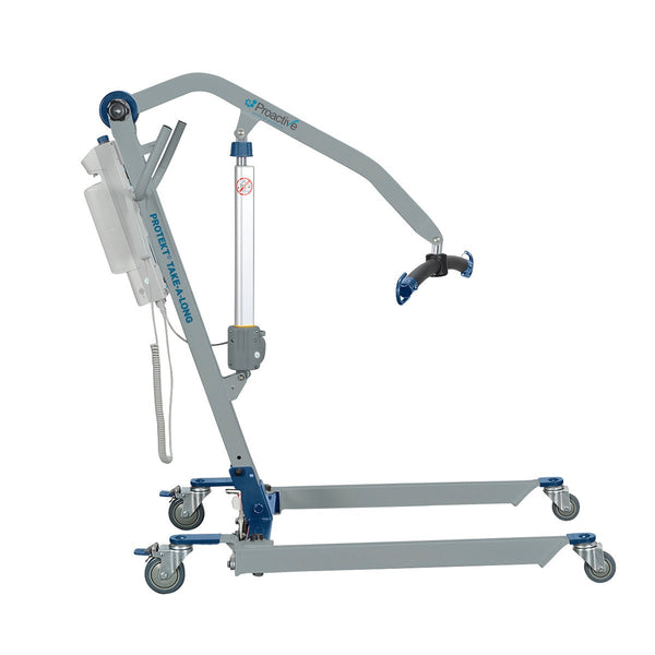 The Protekt Take-A-Long Portable Electric Patient Lift (33400P) features a sturdy metal frame, caster wheels, lifting arm, control box, and black cradle for safe transfer of individuals up to 400 lbs with limited mobility.