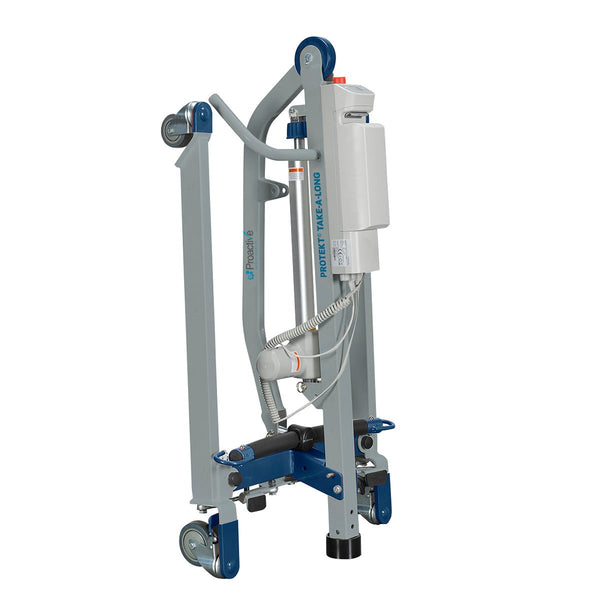 The Protekt Take-A-Long Portable Electric Patient Lift (33400P) is a 400 lb capacity folding full body transfer system with wheels, blue/gray metal frame, control unit, and support arm for easy transport and storage in healthcare settings.