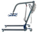 The Protekt 500 Patient Lift (Model 33500) is a gray and blue electric transfer system with four wheels, a long arm, spreader bar for slings, control box, and handle—designed for safe patient handling and transfers.