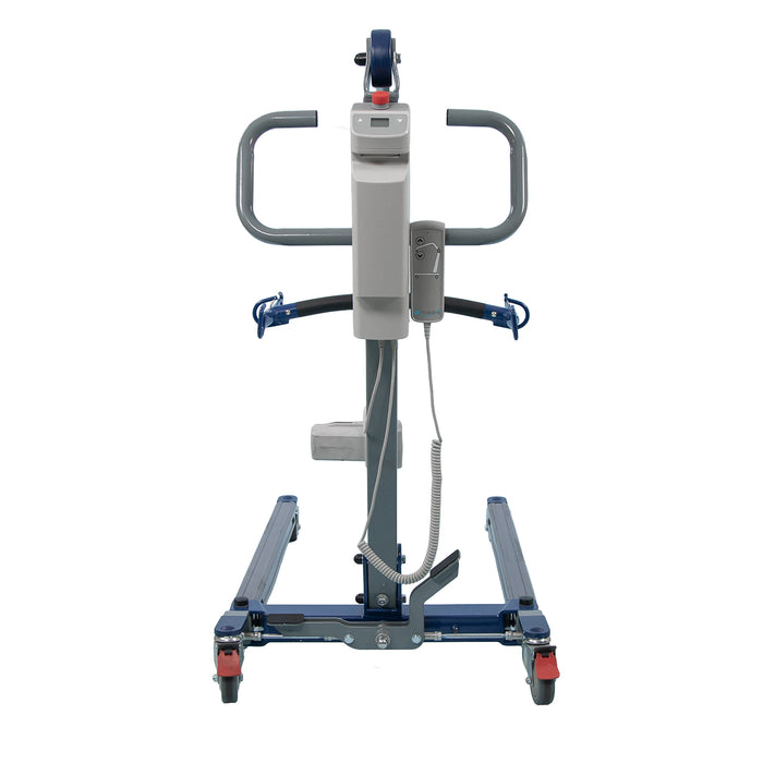 Front view of the Protekt 500 Patient Lift (Model 33500) in gray and blue, featuring an electric transfer system, two handles, control box, and four caster wheels—designed for safe patient handling and mobility assistance.
