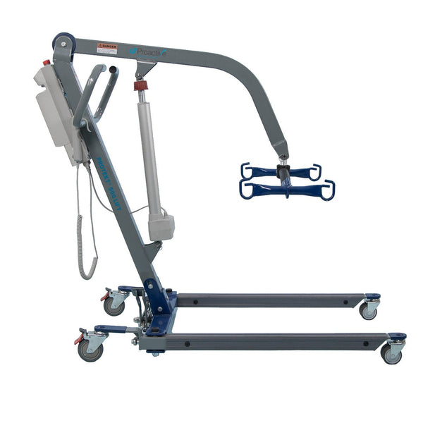 The Protekt 500 Patient Lift (Model 33500) is a blue and gray electric transfer system with wheels, control panel, hydraulic arm, and spreader bar for safe lifting and transferring individuals with limited mobility.