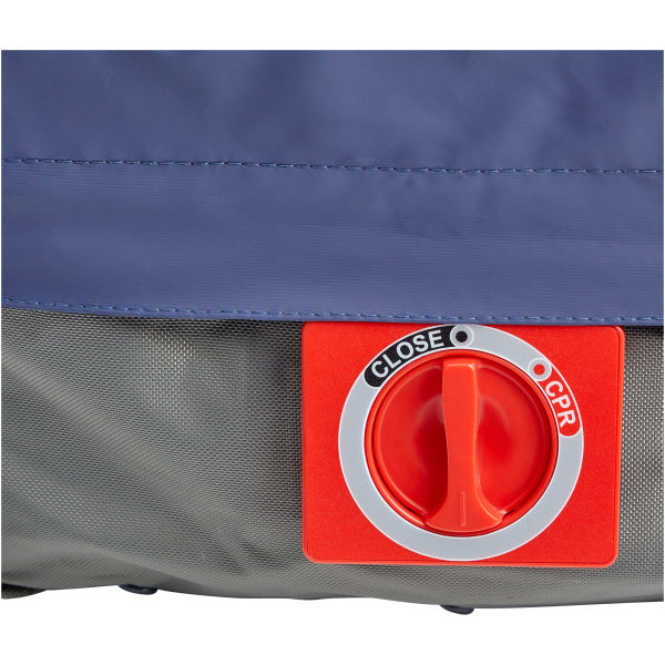 A red valve on a gray inflatable medical device, labeled "CLOSE" and "CPR," designed for use with the Emerald Bariatric Mattress with Digital Alternating Pressure LAL System, providing effective pressure relief and support