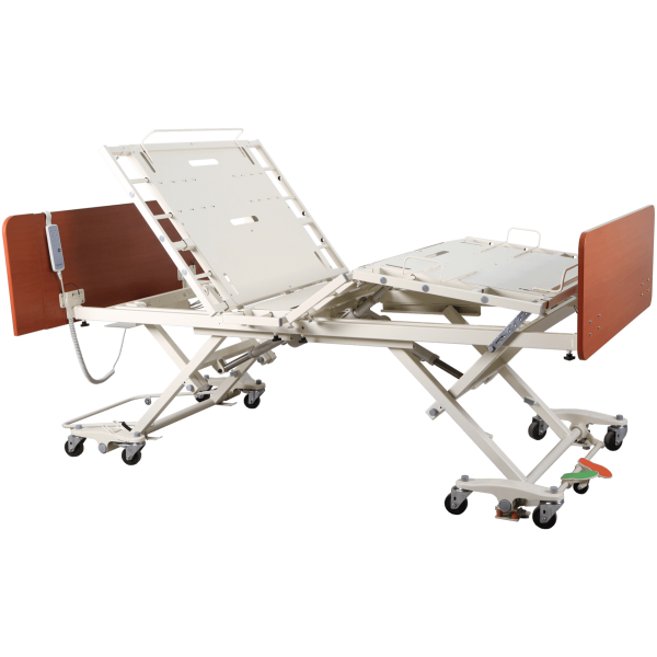 Elevated position of Heavy-duty electric bariatric hospital bed with split frame and expandable features.