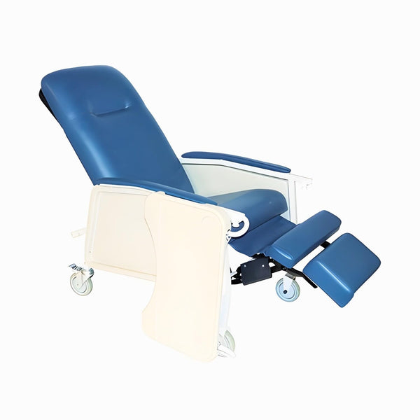 Standard geri chair with blue upholstery in reclined position, showing extended footrest and mobile base with locking casters