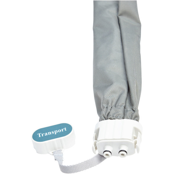 A white and gray bag with a white cord, connected to the Emerald Bariatric Mattress with Digital Alternating Pressure LAL System, designed for optimal pressure relief and support in bariatric care