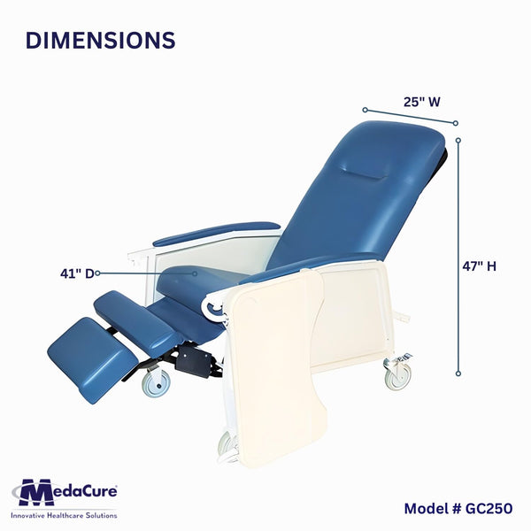 Standard geri chair dimensions diagram showing 25" width, 47" height, and 41" depth measurements for the model GC250