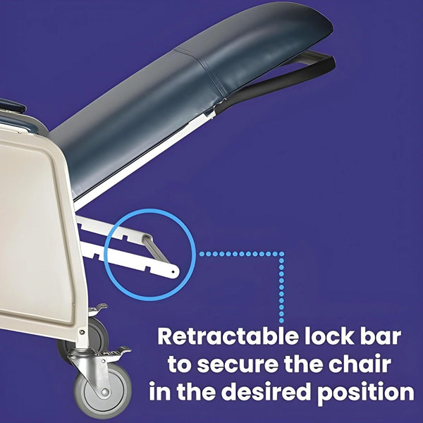 Geri chair showing retractable lock bar mechanism highlighted in blue circle, demonstrating how the chair secures in desired position