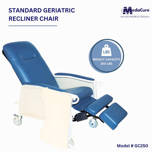 Standard geri chair model GC250 with blue vinyl upholstery, featuring 250 lbs weight capacity badge and mobile caster wheels