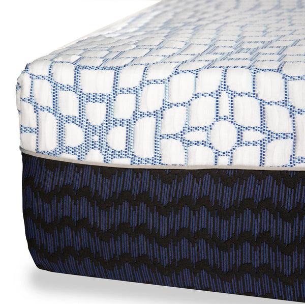 A detailed shot of the side wall, revealing a dark fabric with a blue embroidered "chevron" or "wave" pattern.