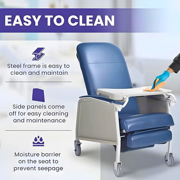 Geri chair with blue upholstery demonstrating easy-to-clean features, with a gloved hand cleaning the surface of the chair's removable side panels