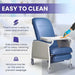 Geri chair with blue upholstery demonstrating easy-to-clean features, with a gloved hand cleaning the surface of the chair's removable side panels